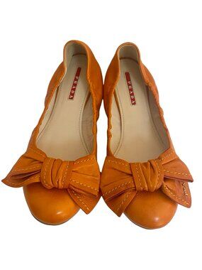 Prada Leather Bow Ballet Flats Orange EU 38